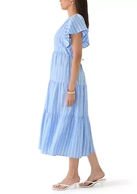 Women's Short Flutter Sleeve Tiered Striped Midi Dress