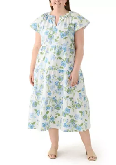 Plus Short Sleeve Split Neck Floral Print A-Line Dress