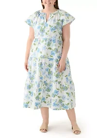 Plus Short Sleeve Split Neck Floral Print A-Line Dress