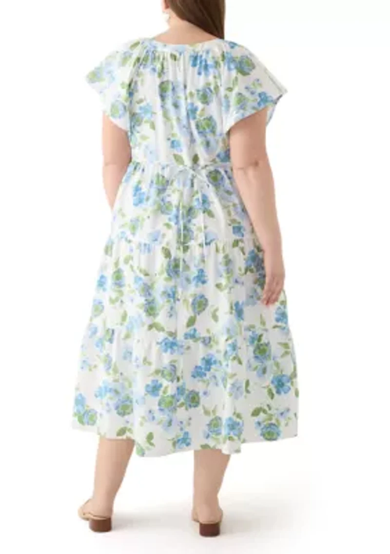 Plus Short Sleeve Split Neck Floral Print A-Line Dress