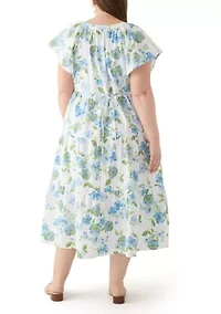Plus Short Sleeve Split Neck Floral Print A-Line Dress