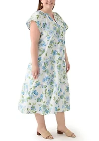 Plus Short Sleeve Split Neck Floral Print A-Line Dress