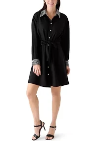 Women's Long Sleeve Boucle Trim Shirt Dress