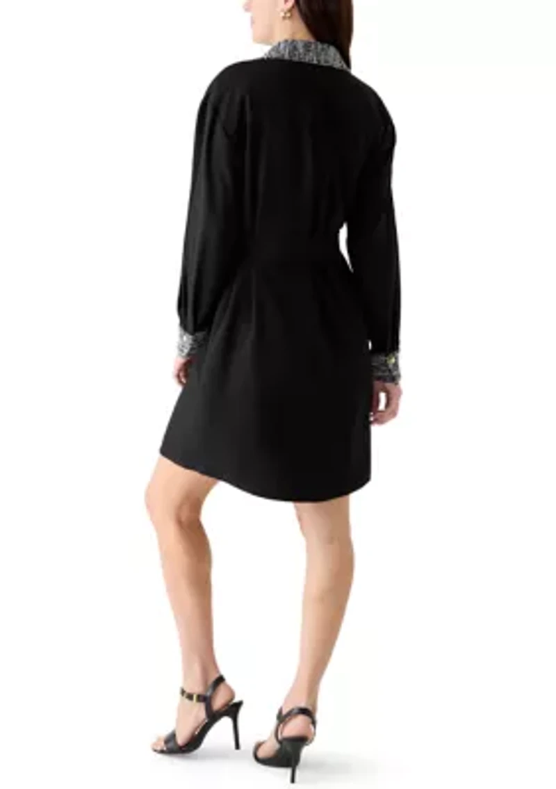 Women's Long Sleeve Boucle Trim Shirt Dress