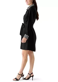 Women's Long Sleeve Boucle Trim Shirt Dress