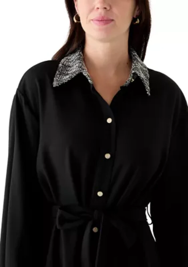 Women's Long Sleeve Boucle Trim Shirt Dress