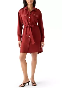 Women's Long Sleeve Studded Pocket Shirt Dress