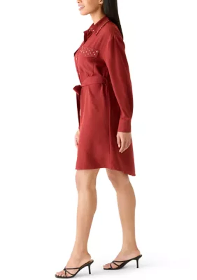Women's Long Sleeve Studded Pocket Shirt Dress