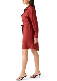 Women's Long Sleeve Studded Pocket Shirt Dress