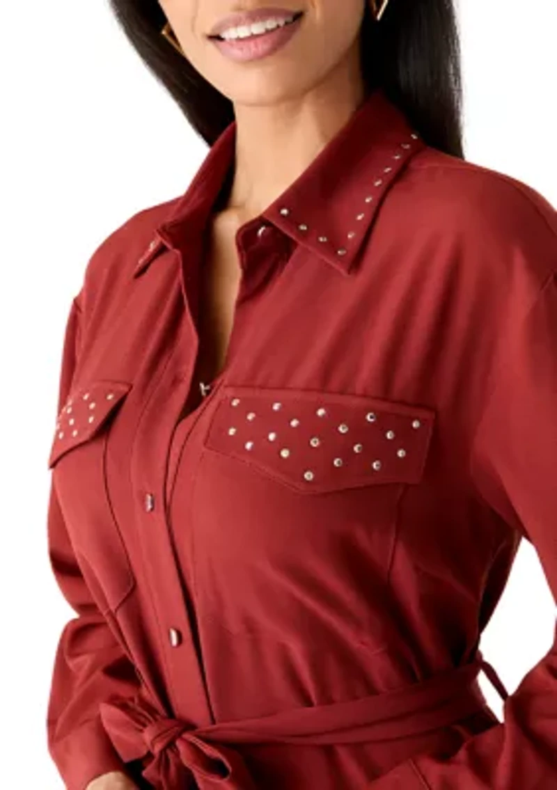 Women's Long Sleeve Studded Pocket Shirt Dress