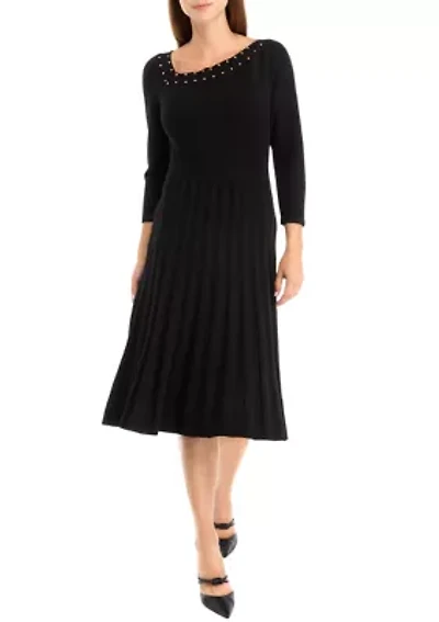 Women's Long Sleeve Asymmetrical Neckline Solid Fit and Flare Sweater Dress