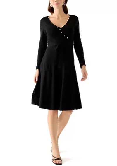 Women's 3/4 Sleeve Pearl Trim Wrap Sweater Dress