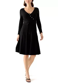 Women's 3/4 Sleeve Pearl Trim Wrap Sweater Dress