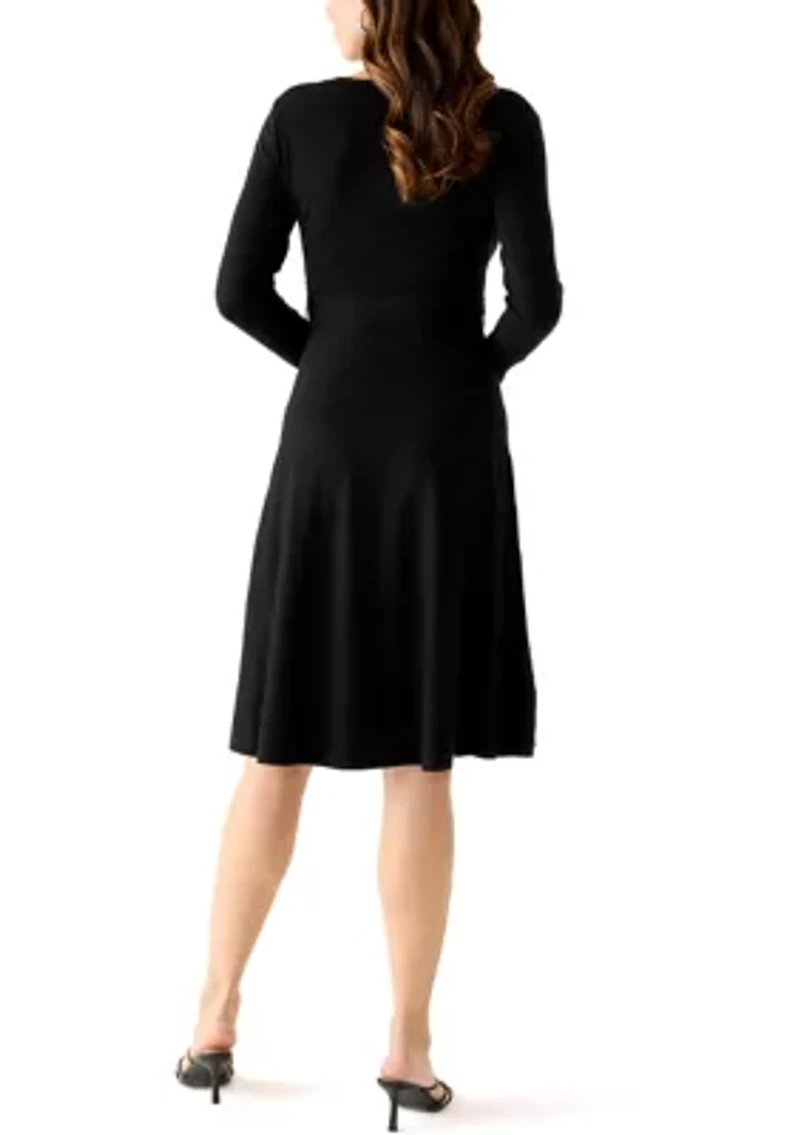 Women's 3/4 Sleeve Pearl Trim Wrap Sweater Dress