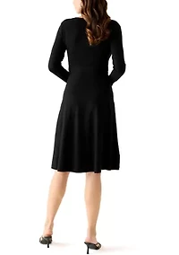 Women's 3/4 Sleeve Pearl Trim Wrap Sweater Dress