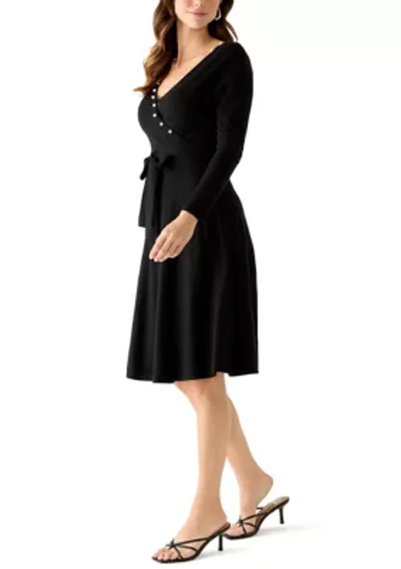 Women's 3/4 Sleeve Pearl Trim Wrap Sweater Dress