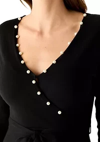 Women's 3/4 Sleeve Pearl Trim Wrap Sweater Dress