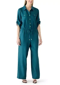 Women's Short Sleeve Collared Linen Jumpsuit