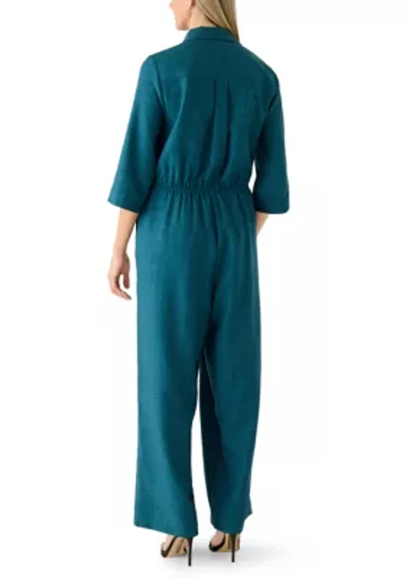 Women's Short Sleeve Collared Linen Jumpsuit