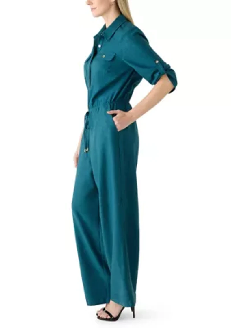 Women's Short Sleeve Collared Linen Jumpsuit