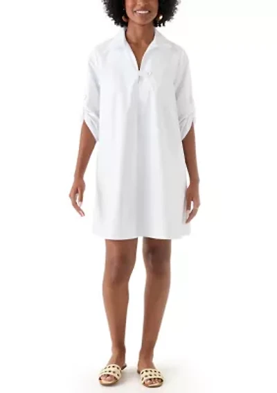 Women's 3/4 Sleeve Collar Neck Solid Cotton A-Line Mini Shirtdress
