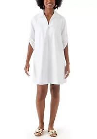 Women's 3/4 Sleeve Collar Neck Solid Cotton A-Line Mini Shirtdress