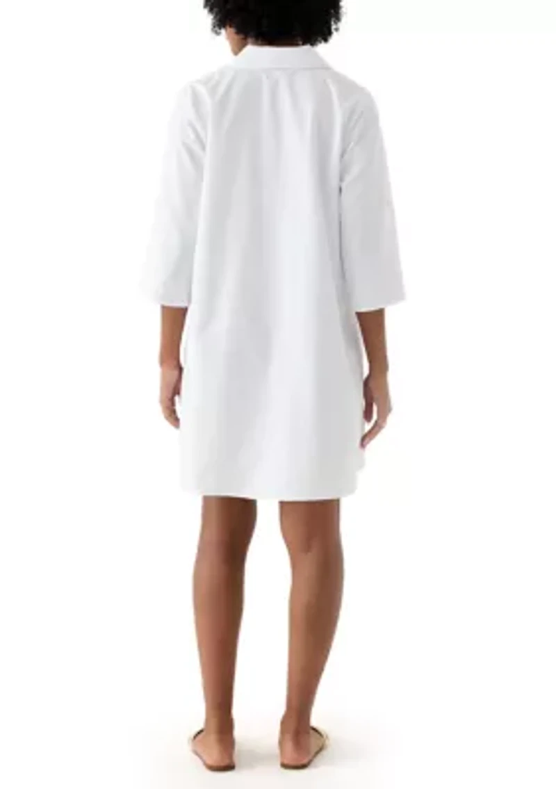 Women's 3/4 Sleeve Collar Neck Solid Cotton A-Line Mini Shirtdress