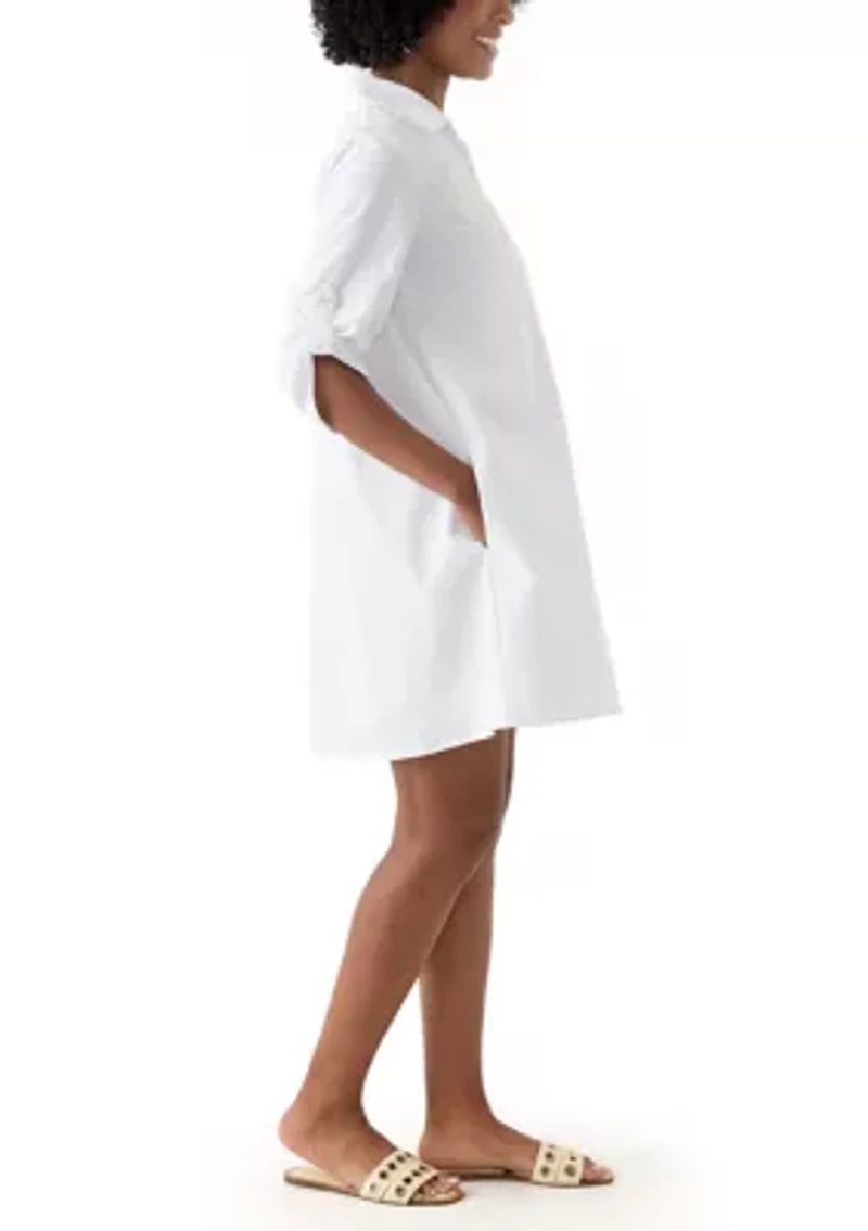 Women's 3/4 Sleeve Collar Neck Solid Cotton A-Line Mini Shirtdress