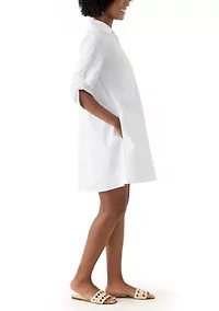 Women's 3/4 Sleeve Collar Neck Solid Cotton A-Line Mini Shirtdress