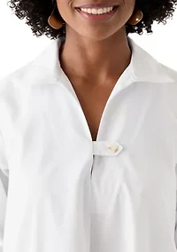 Women's 3/4 Sleeve Collar Neck Solid Cotton A-Line Mini Shirtdress