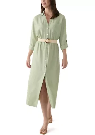 Women's Solid Belted Fit and Flare Linen Maxi Dress