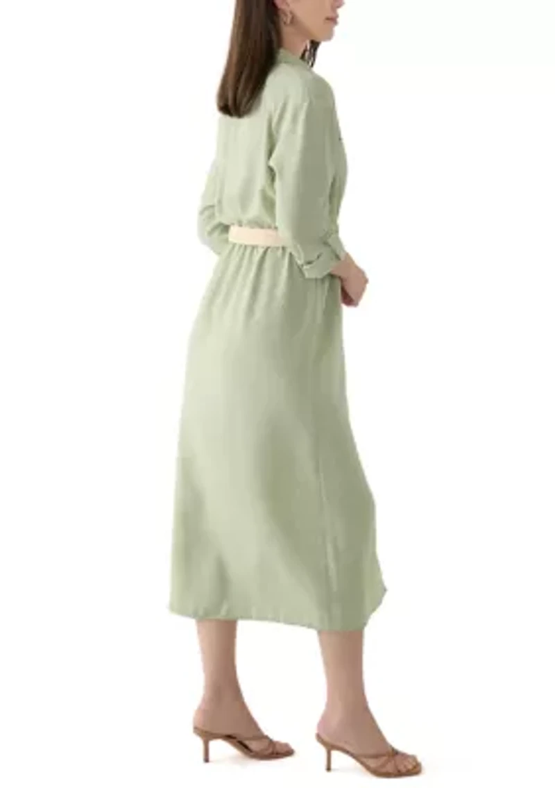 Women's Solid Belted Fit and Flare Linen Maxi Dress