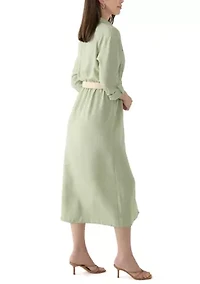 Women's Solid Belted Fit and Flare Linen Maxi Dress