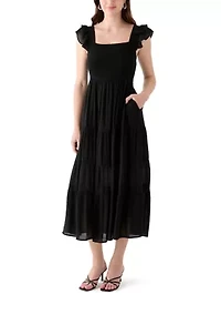 Women's Flutter Sleeve Square Neck Smocked Midi Dress