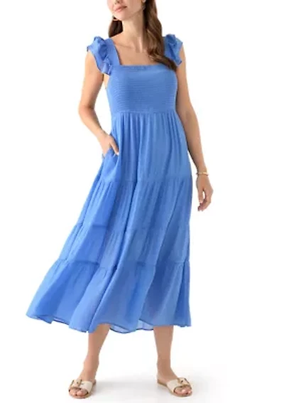 Women's Flutter Sleeve Square Neck Smocked Midi Dress