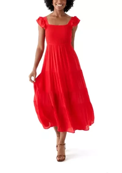 Women's Flutter Sleeve Square Neck Smocked Midi Dress