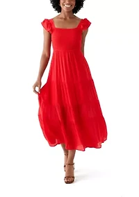Women's Flutter Sleeve Square Neck Smocked Midi Dress
