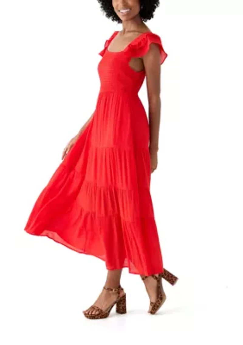 Women's Flutter Sleeve Square Neck Smocked Midi Dress