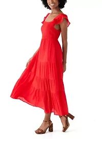 Women's Flutter Sleeve Square Neck Smocked Midi Dress