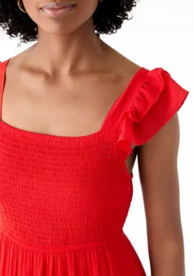 Women's Flutter Sleeve Square Neck Smocked Midi Dress