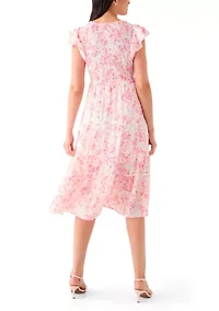 Women's Short Sleeve Crew Neck Floral Print Midi Dress