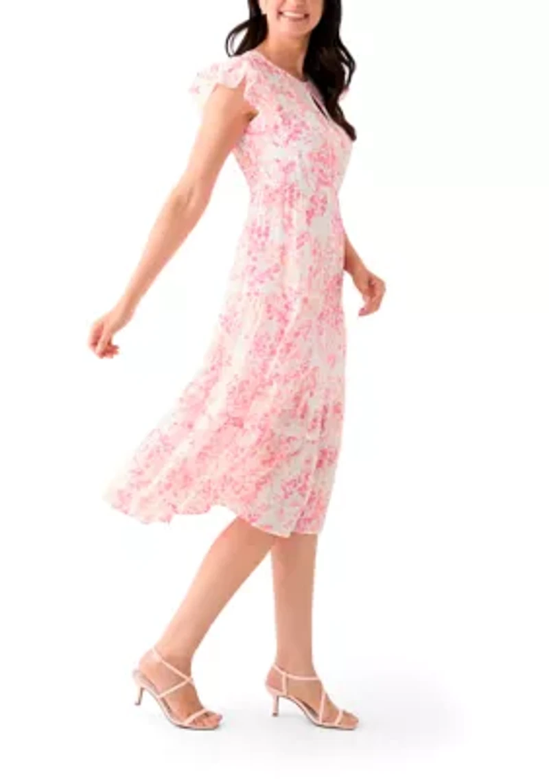 Women's Short Sleeve Crew Neck Floral Print Midi Dress