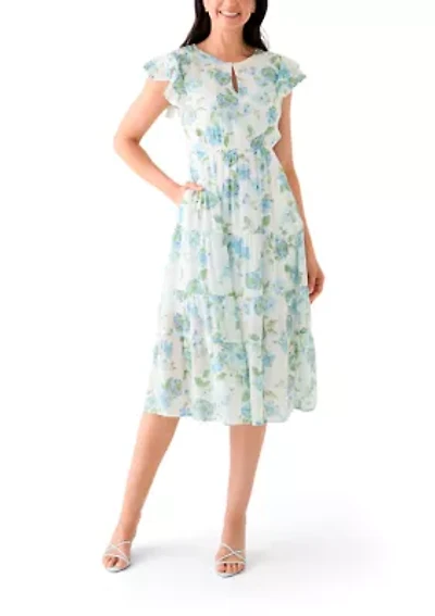 Women's Flutter Sleeve Crew Neck Floral Print Midi Dress