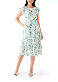 Women's Flutter Sleeve Crew Neck Floral Print Midi Dress