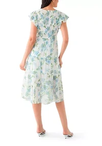 Women's Flutter Sleeve Crew Neck Floral Print Midi Dress