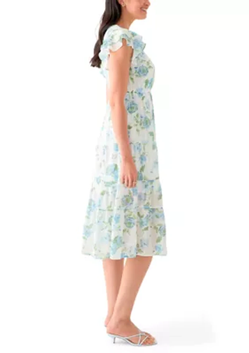 Women's Flutter Sleeve Crew Neck Floral Print Midi Dress