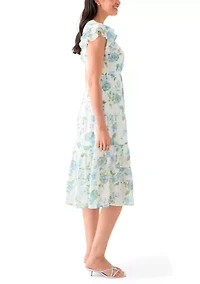 Women's Flutter Sleeve Crew Neck Floral Print Midi Dress