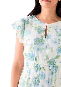Women's Flutter Sleeve Crew Neck Floral Print Midi Dress