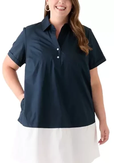 Plus Short Sleeve V-Neck  Cotton A-Line Dress