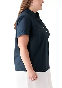 Plus Short Sleeve V-Neck  Cotton A-Line Dress